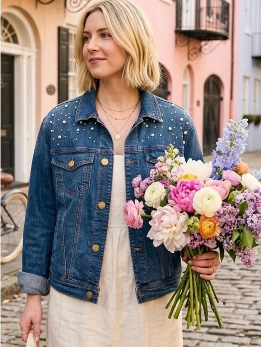 7 For All Mankind Dark Blue Pearl-Embellished Denim Jacket 3770